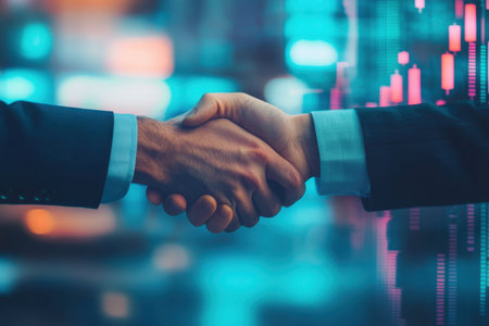 A close-up image of a handshake between two business professionals symbolizes partnership and collaboration in a modern financial context, illustrating teamwork and trust.の素材