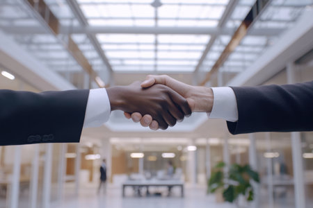 Two professionals engage in a firm handshake, symbolizing a new business partnership in a contemporary office setting, highlighting collaboration and trust.の素材