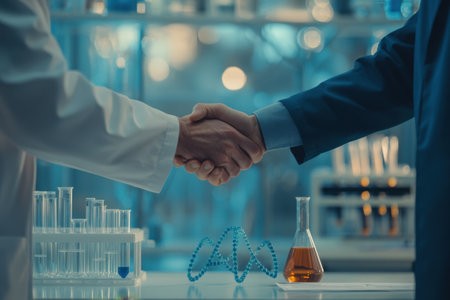 Close-up of a handshake between two professionals in a laboratory setting, symbolizing partnership, collaboration, and innovation in scientific research.の素材
