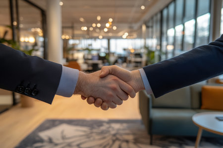 Close-up of a handshake between two business professionals in a modern office, symbolizing trust and cooperation. The contemporary setting emphasizes professionalism and teamwork.の素材