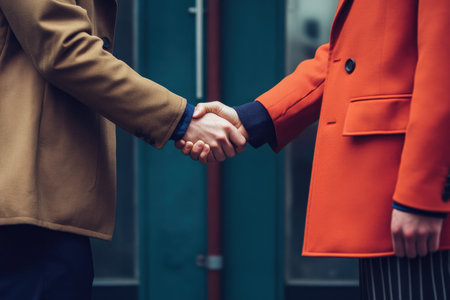 A close-up of two professionals shaking hands in stylish attire, symbolizing collaboration and mutual respect in a modern business context within an urban environment.の素材