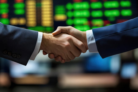 Business professionals shake hands in a dynamic financial environment, epitomizing partnership and success, with various trading data on display in the background.の素材