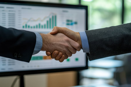 Business professionals engage in a handshake in an office, with a monitor in the background displaying financial graphs, signifying partnership and mutual success.の素材
