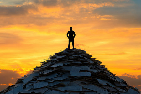 A solitary businessman stands at the peak of a mountain of paperwork under a vibrant sunset, representing the challenges and pressures of modern work life and the pursuit of success.の素材