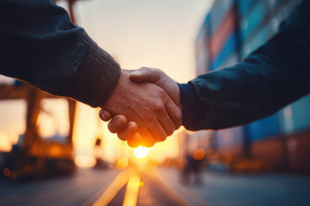 A warm sunset illuminates a handshake between two professionals, symbolizing collaboration and success in the shipping and logistics industry.の素材