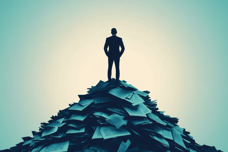 A businessman stands atop a mountain of documents, symbolizing the overwhelming workload and pressures in the corporate world against a calm blue gradient backdrop.の素材