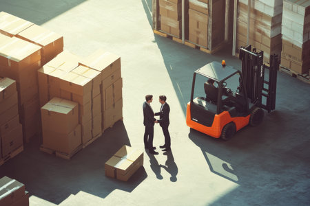 Two businessmen engage in a discussion in a spacious warehouse filled with cardboard boxes, showcasing a dynamic environment in logistics and supply chain.の素材
