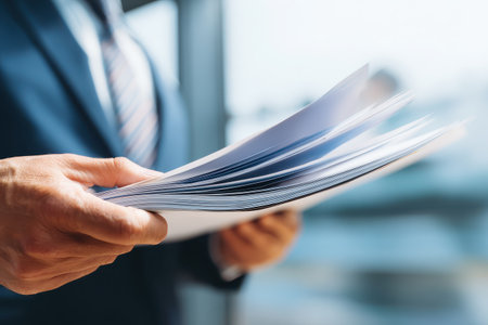 A businessman dressed in a suit holds a stack of documents in a modern office. The image captures professionalism and focus, showcasing the importance of organization in the workplace.の素材