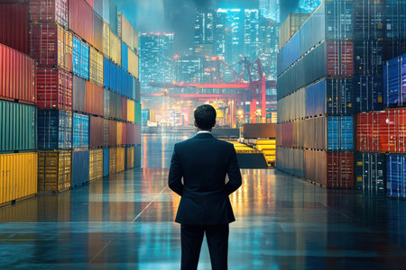 A businessman stands in front of colorful cargo containers in a shipping yard, gazing at a vibrant city skyline illuminated at night, symbolizing opportunity and growth.の素材