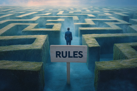 A businessman stands before a maze with a sign reading "Rules," representing the challenges of navigating complex decisions in life and work.の素材