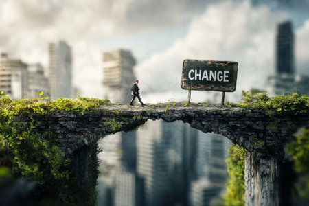 A lone businessman walks carefully over a deteriorating bridge towards a sign that reads 'Change'. This artwork symbolizes the journey towards transformation amidst urban decay.の素材