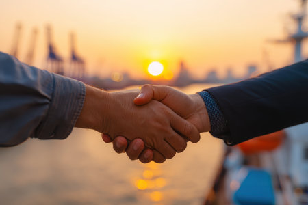 A close-up of two hands shaking in agreement, silhouetted by a stunning sunset over a waterfront cityscape, symbolizing partnership and collaboration.の素材