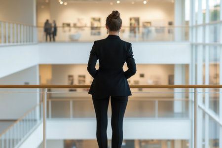 A professional woman in a black suit stands on a balcony in a modern art gallery, observing the exhibits. The elegant space blends contemporary architecture and culture.の素材