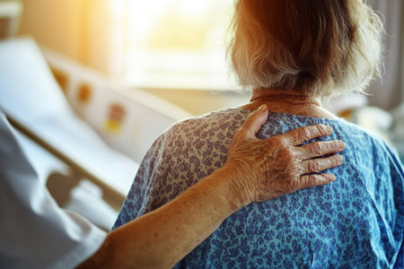 A heartfelt moment between a healthcare worker and an elderly patient in a hospital setting, illustrating the essential bond of compassion and care.の素材