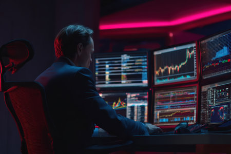 A business professional focuses on financial data analysis using multiple screens in a modern office. The vibrant lighting sets a dynamic atmosphere for decision-making.の素材