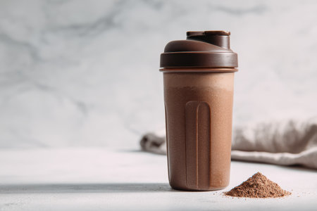 A chocolate protein shake in a shaker cup sits on a marble surface with powder beside it. Ideal for fitness and health enthusiasts seeking nutrition on-the-go.の素材