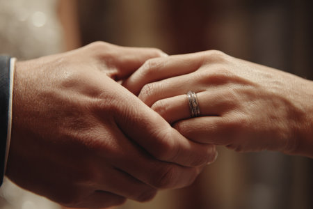 A beautiful close-up of a couple's hands entwined, showcasing wedding rings. This image captures the essence of love, intimacy, and commitment shared during a special moment.の素材
