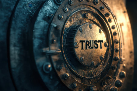 This close-up image captures a vintage safe door featuring the word "Trust," elegantly highlighting themes of security and reliability in financial contexts.の素材