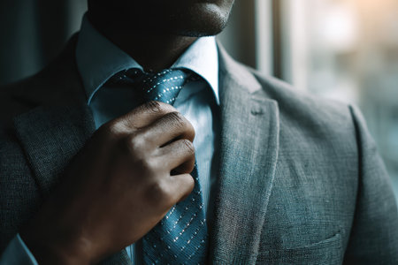 A close-up shot capturing a businessman adjusting his tie, illustrating professionalism and confidence. The elegant office setting enhances the overall sophisticated vibe.の素材