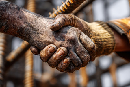A close-up of two dirty hands shaking at a construction site symbolizes teamwork and collaboration. This image captures the spirit of partnership in the industry.の素材