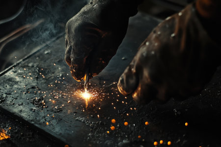 A skilled artisan works meticulously with metal, generating bright sparks in a dark workshop. The focus on hands in gloves highlights the expertise of metalwork and craftsmanship.の素材