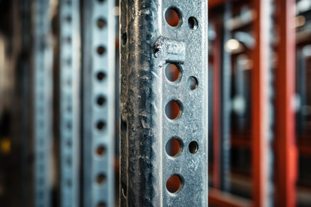 Close-up view of a metal framework featuring steel beams with holes, showcasing the industrial elements in a warehouse environment with equipment in the background.の素材