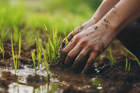A pair of hands carefully plant rice seedlings in wet, muddy soil under bright daylight, highlighting the essential connection between humans and nature in agriculture.の素材