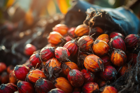 A vibrant collection of freshly harvested palm fruits fills a black sack, showcasing the rich colors and textures of agricultural produce.の素材