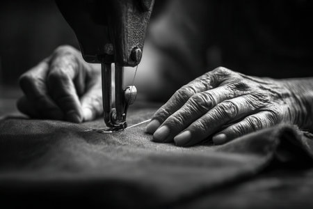 A close-up view of aged hands skillfully operating a vintage sewing machine. The black and white image showcases the artistry and dedication involved in the sewing process.の素材