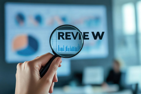 A hand holds a magnifying glass over the word "review," highlighting business analytics charts in a modern office. Ideal for topics on analysis and evaluation.の素材
