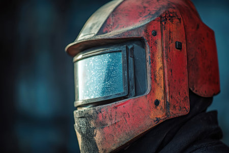 This image features a close-up of a weathered protective helmet with a visor, showcasing droplets of water on the surface. The worn texture emphasizes its use in industrial settings.の素材