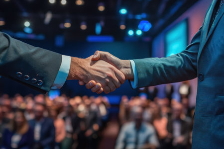 Close-up view of two professionals shaking hands during a business conference, with an engaged audience in the background, symbolizing collaboration and success.の素材