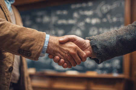 A close-up view of two hands shaking signifies collaboration and trust in a professional setting. The chalkboard background enhances the academic atmosphere.の素材