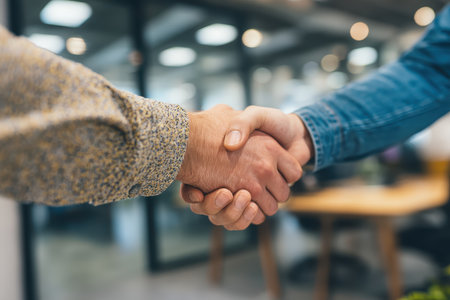 This image captures a close-up of two individuals shaking hands in an office environment, symbolizing agreement and collaboration in a professional setting.の素材