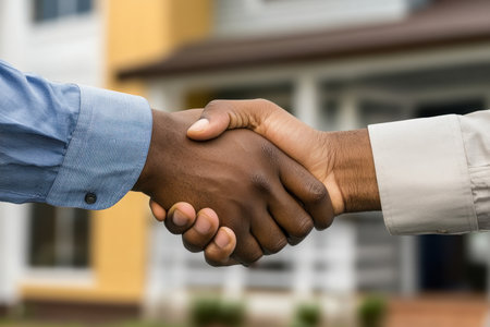 Two individuals are engaged in a handshake, demonstrating trust and partnership in a professional outdoor environment. A clear symbol of cooperation and unity.の素材