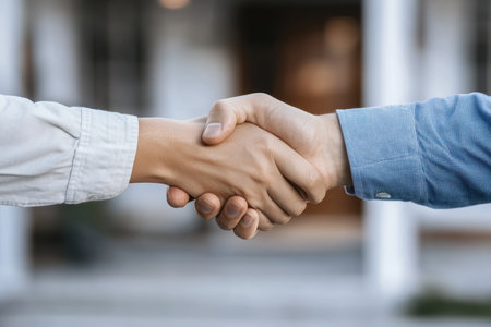 Two individuals engage in a handshake, symbolizing a professional agreement and mutual trust in a collaborative environment with a blurred background.の素材