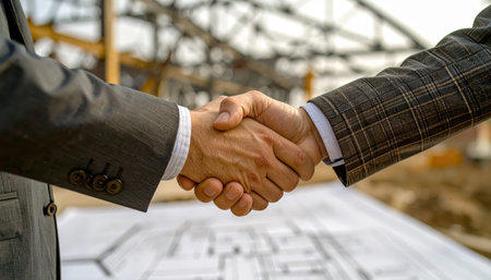 A close-up view of a handshake between two businessmen at a construction site, symbolizing trust and cooperation in a professional partnership.の素材