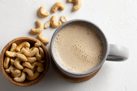 A cozy scene featuring a cup of coffee next to a bowl of cashews, emphasizing a healthy and comforting snack choice. Perfect for food enthusiasts.の素材