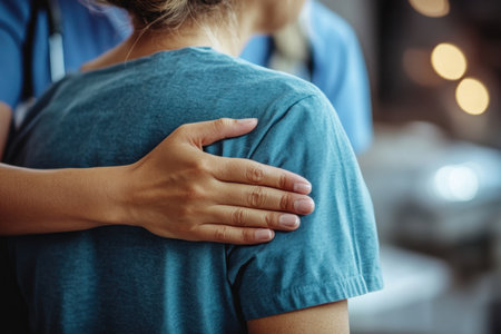 A gentle hand rests on a shoulder, symbolizing emotional support and compassion. This image conveys the importance of caring relationships, healing, and connection in difficult times.の素材