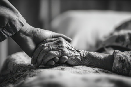 A heartfelt moment captured in black and white, depicting two hands intertwined in a gesture of compassion, symbolizing care and connection in a caregiving environment.の素材