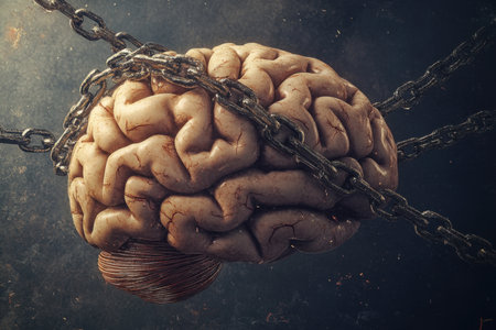 This image illustrates a human brain intertwined with chains, symbolizing the complex relationship between thoughts, mental constraints, and the pursuit of freedom.の素材