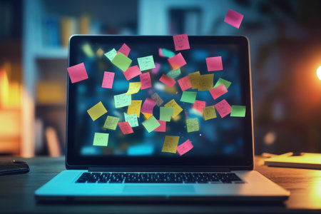 A vibrant display of colorful sticky notes hovers above a laptop screen in a cozy home office, illustrating creativity and productivity in a modern workspace.の素材