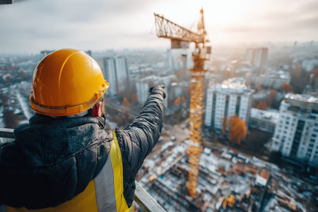 A construction worker wearing a safety helmet and jacket observes ongoing development in an urban area, with a crane operating against a vibrant sunset backdrop.の素材