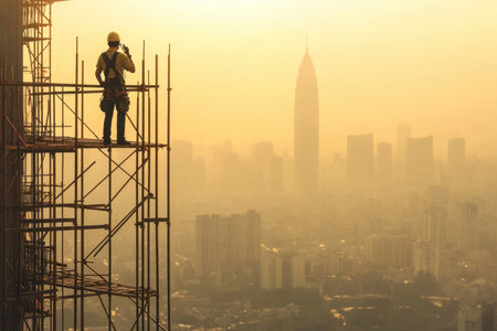 A worker in a hard hat stands on scaffolding, gazing at a hazy city skyline during sunset, capturing the essence of urban construction and labor.の素材