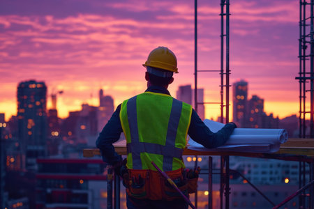 A construction worker stands on a building site, gazing at a vibrant city skyline during sunset. He holds architectural plans, embodying dedication and professionalism.の素材