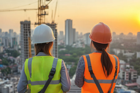 Two construction professionals observe a cityscape at sunset, wearing safety helmets and vests, highlighting teamwork and development in an urban environment.の素材