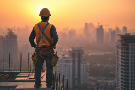 A construction worker stands at the edge of a high-rise building, gazing over a city skyline during sunset, emphasizing dedication and hard work in the urban landscape.の素材