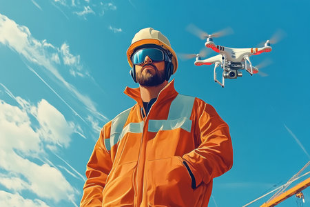 A construction worker wearing safety gear stands confidently under a bright blue sky while a drone flies above, symbolizing modern technology in the industry.の素材