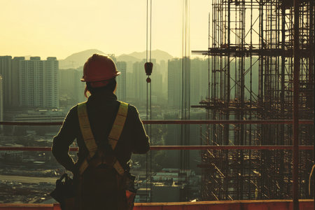 A construction worker stands against a stunning city skyline at golden hour, silhouetted by scaffolding and distant mountains, symbolizing progress and labor.の素材