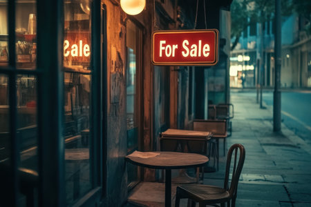 A serene urban street scene featuring a charming cafe with a glowing 'For Sale' sign. Soft lighting creates a cozy atmosphere with empty tables and chairs.の素材